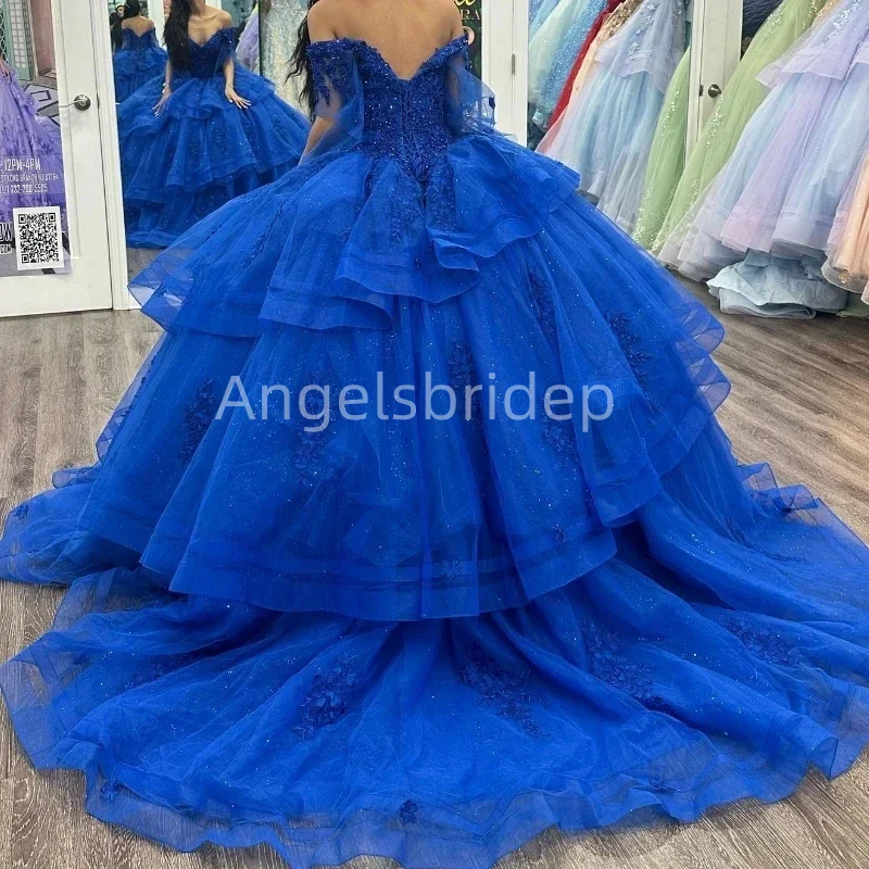 Angelsbridep Off Shoulder Tiered Royal Blue Ball Gown 15 Year Old Quinceanera Dresses Brithday Prom Party Vestidos De Fiesta