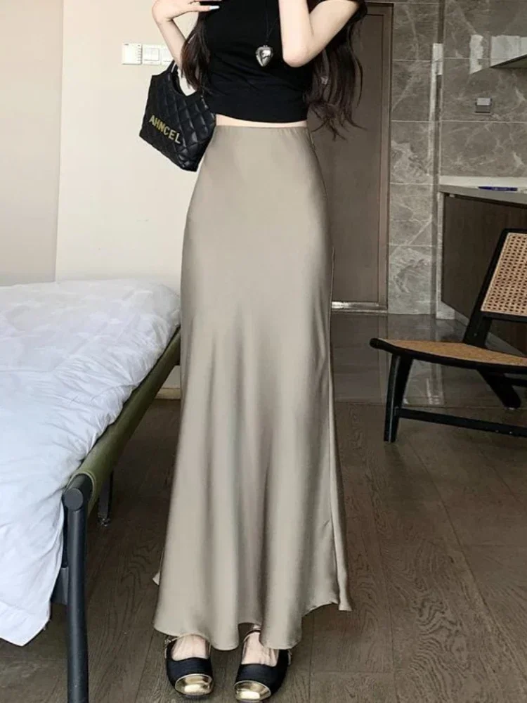 Solid Fish Tail Skirts for Women High Waisted Satin Silk LOOSE Midi Skirt Grey Summer Long Skirts for Elegant Women Fashion 2024