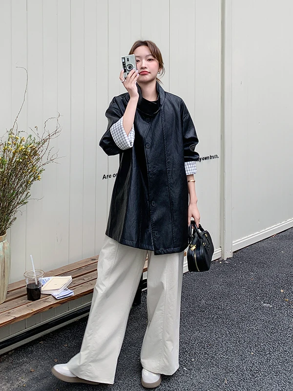 Bla Plaid Spliced ort PUレザー ジャケット レディース 春秋 2025 新作 スタイリッシュ 高級感 レザー ジャケット