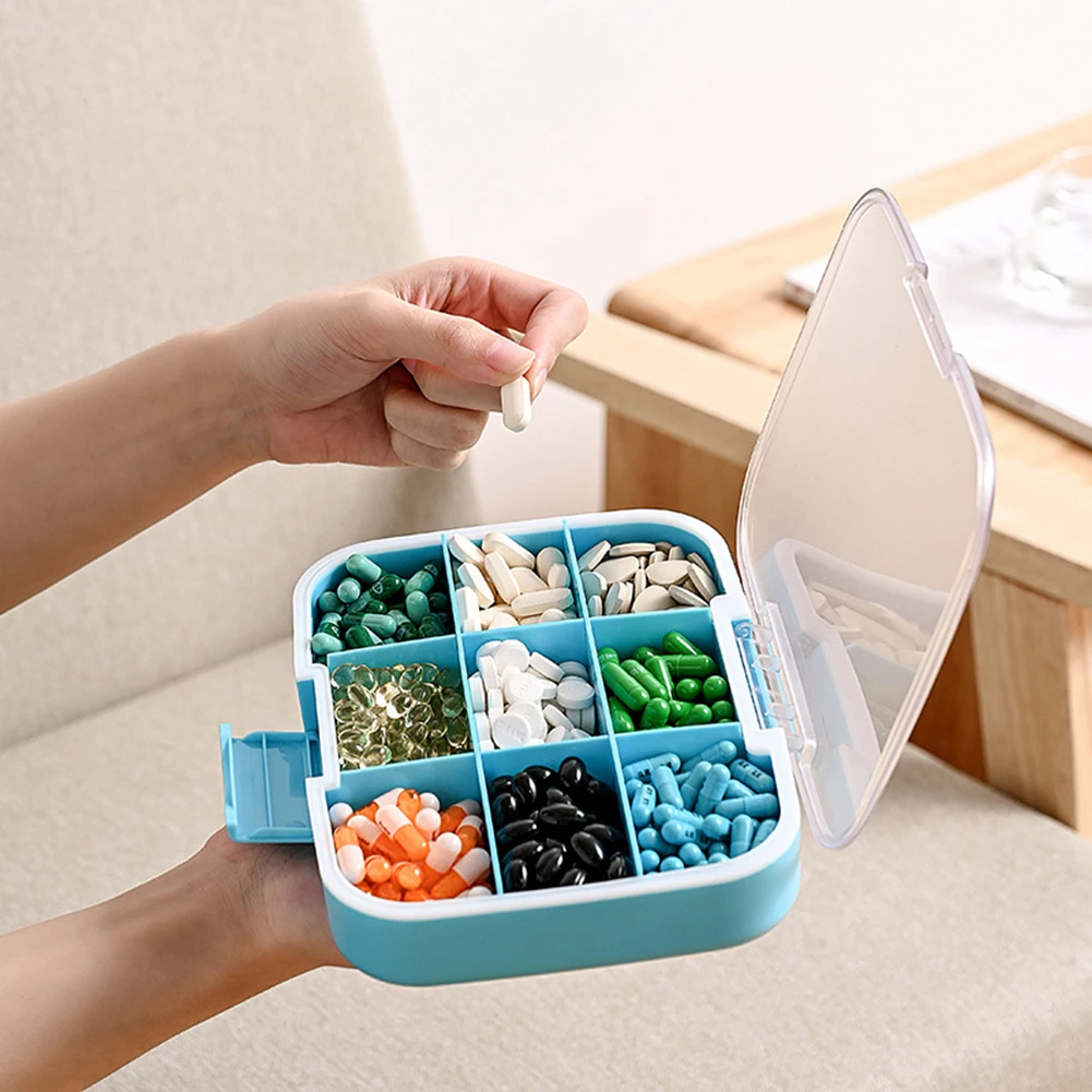 Portable Travel Pillbox,Moisture Proof Waterproof Pill-Container,Extra Large Storage Space Box With 9 Compartments,For Daily Use