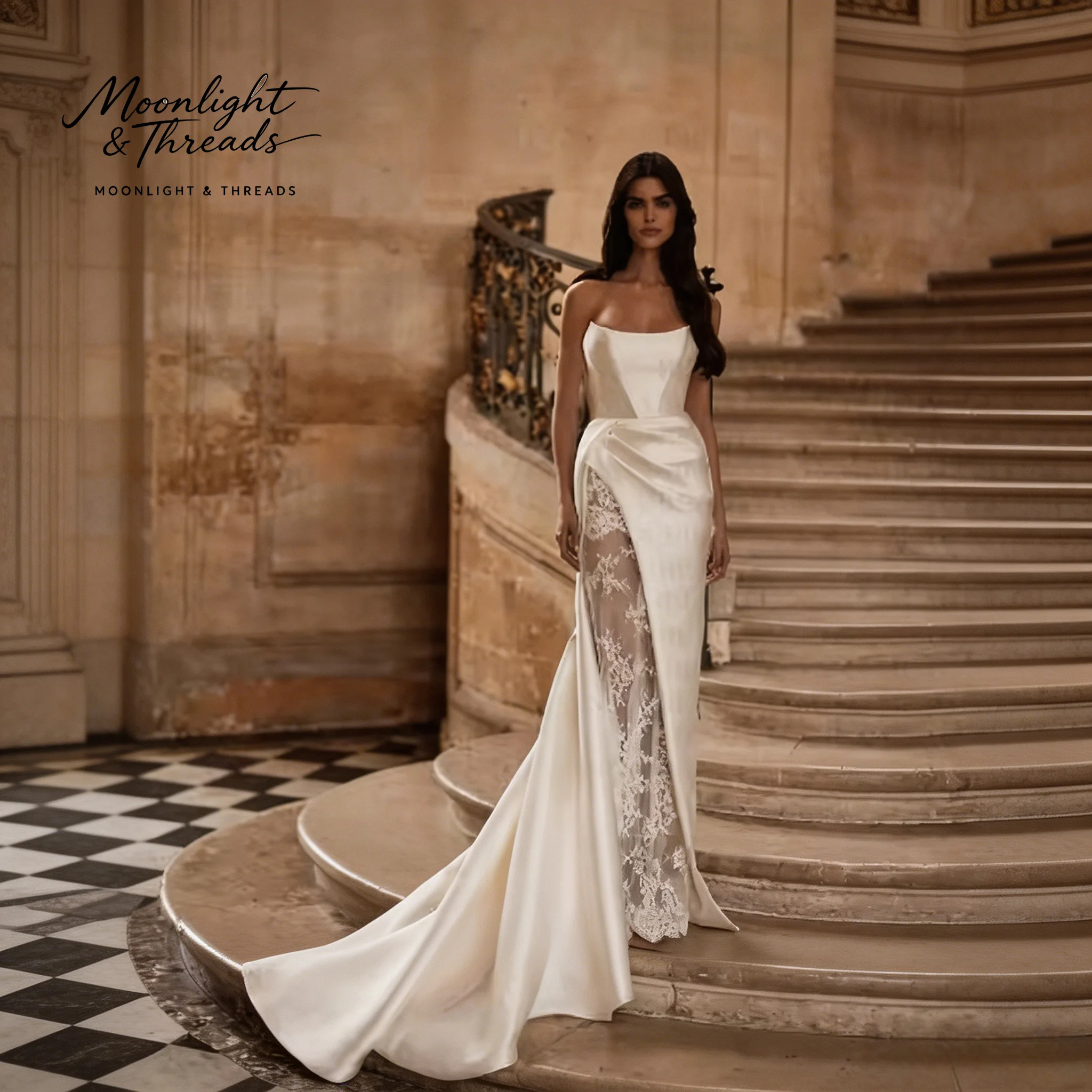 

Ivory silk-finish strapless sleeveless floor-length mermaid formal wedding gown featuring lace accents draping and an open back
