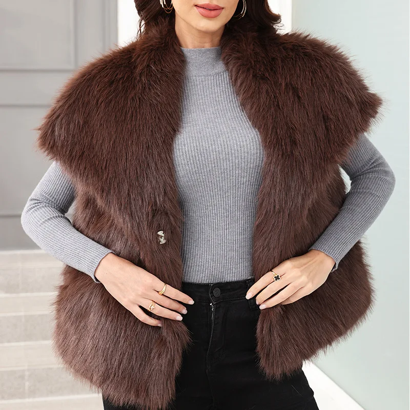 

Women Vest Faux Fur Jackets Sleeveless Solid Turn Down Collar Spliced Vests Streetwear Lady Furry Cardigan Autumn Winter