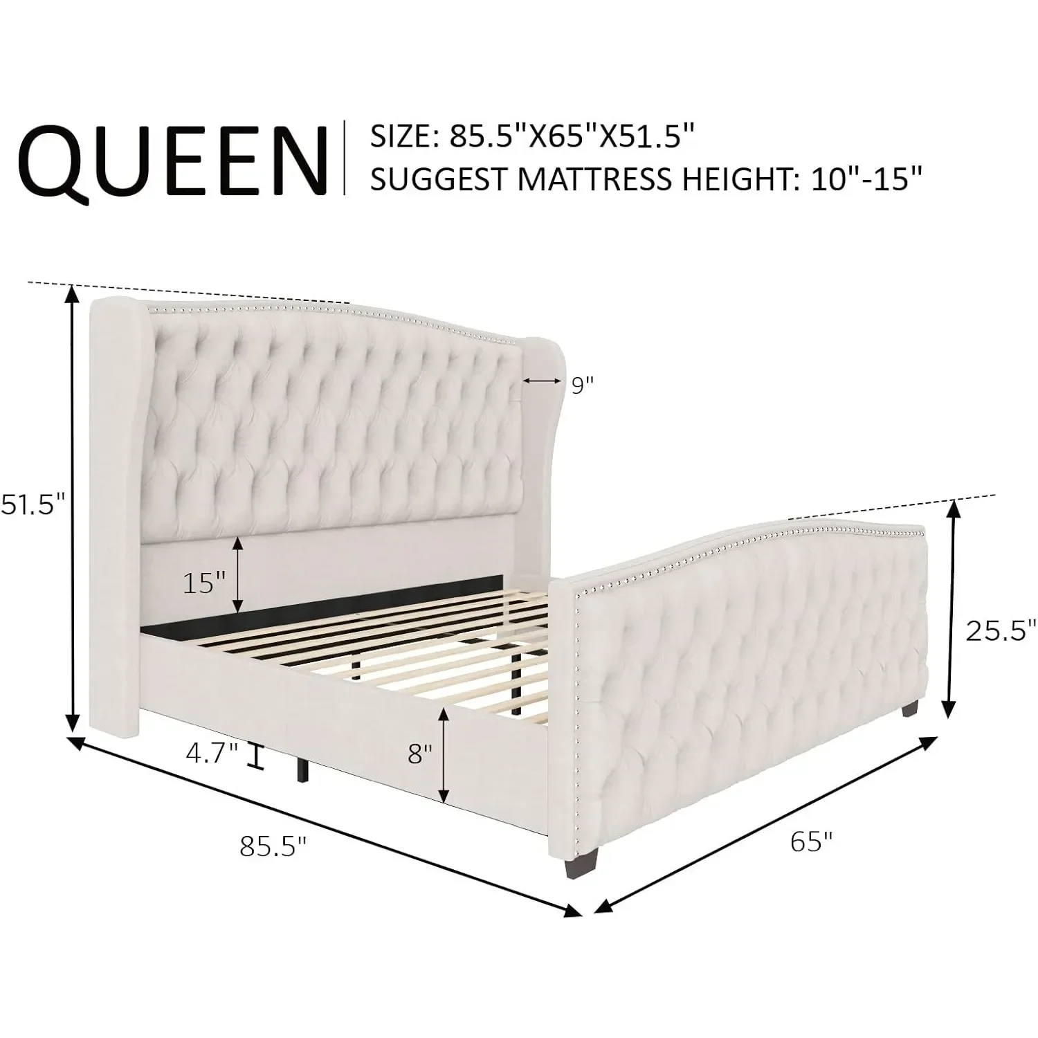 Large platform bed frame, velvet cushioned bed, wing back headboard with deep button clusters and decorations/cream color
