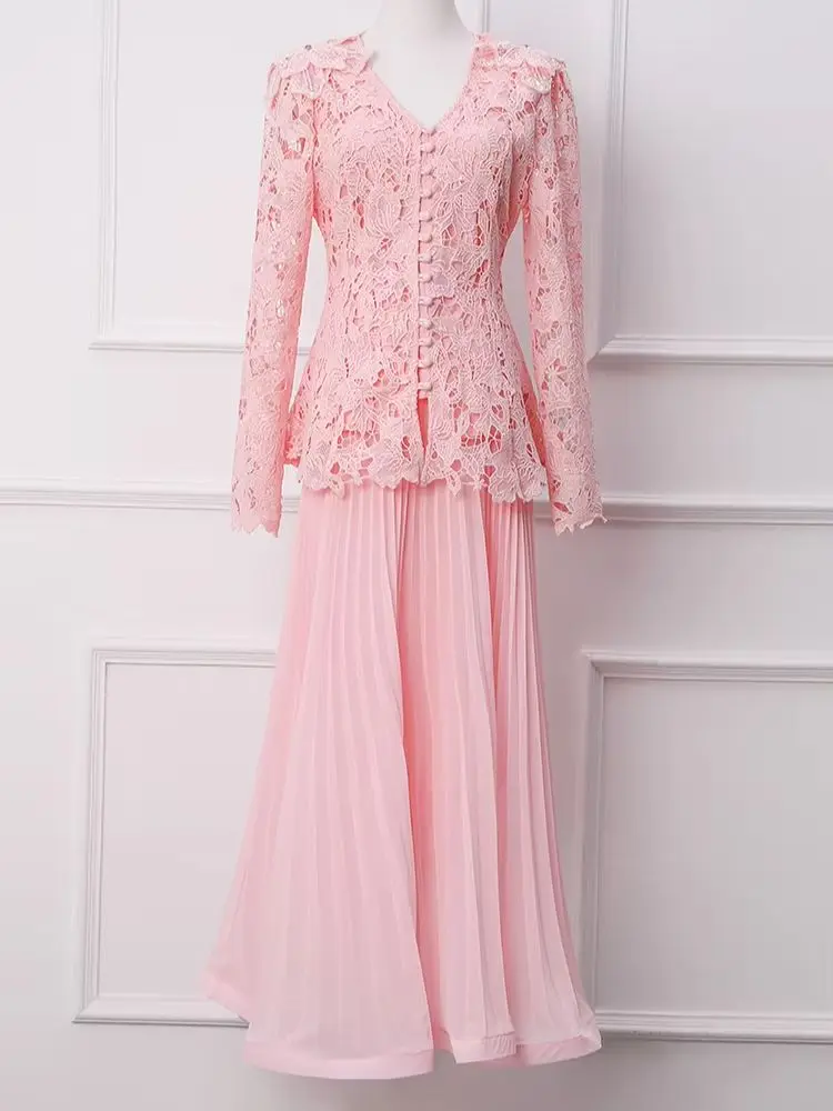 Conjunto de 2 Piezas de Encaje Borgoña para Mujer, Top Peplum de Manga Larga, Falda Maxi Plisada, Elegante Traje para Madrina de Boda, Invitada de Boda 2026
