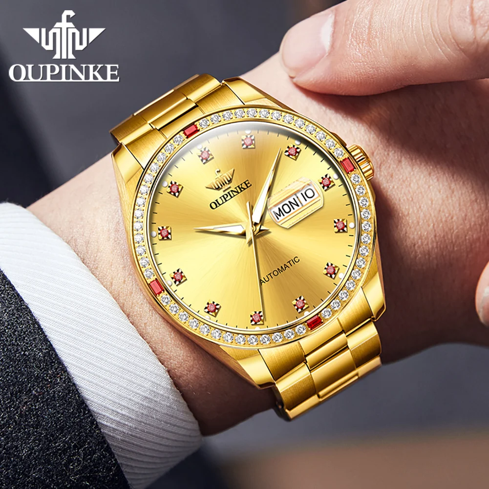 OUPINKE 3261 Automatic Men\'s Mechanical Watches Waterproof Dual Calendar Luminous Golden Luxury Watch for Men Original Brand