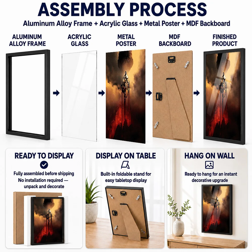 Knight Ascending Toward Dark Tower Framed Aluminum Metal Poster Personalized Photo Mystical Quest Style Wall Art For Game Room