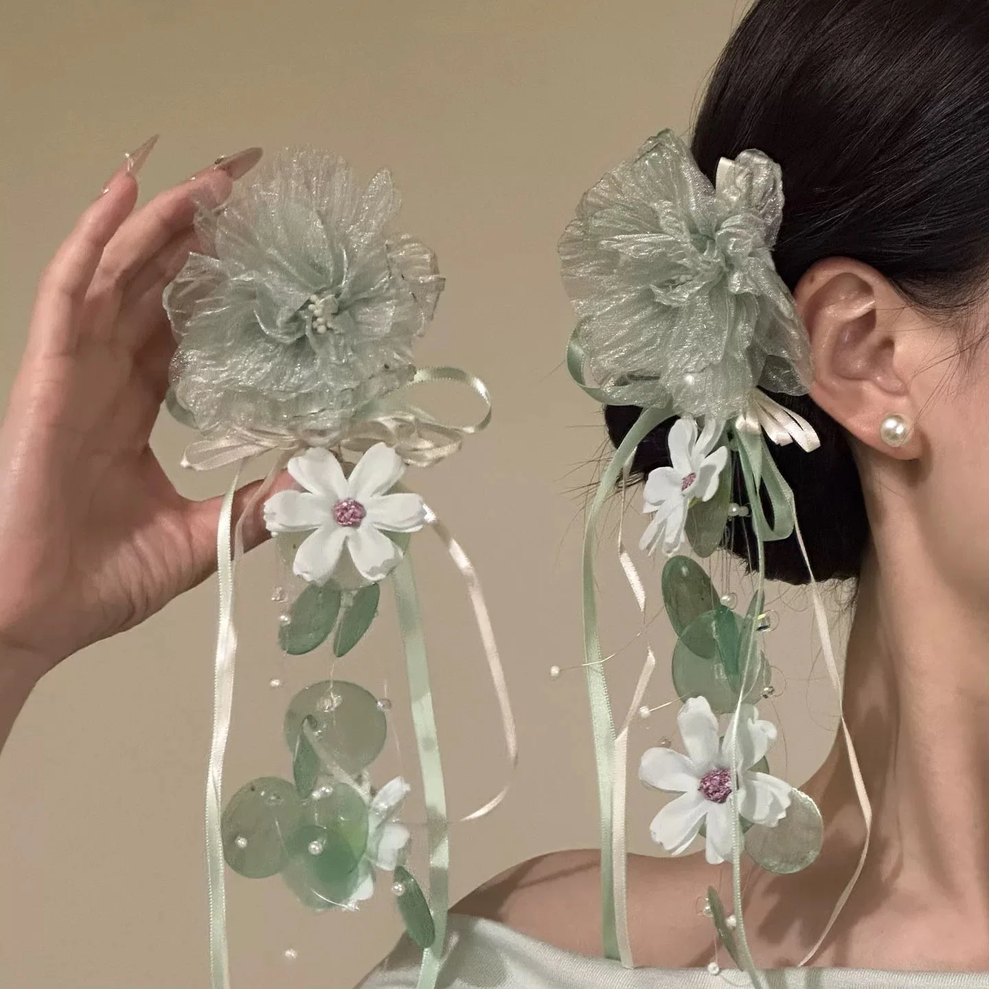 reen Floral Side Hair Clip with Tassel – Fresh Spring Summer Style for Vacation, Dating, Photo Shoot, Women's Hair Accessory