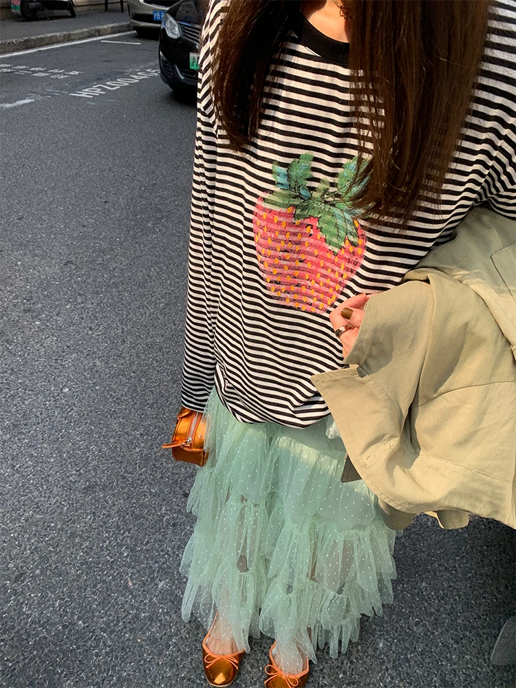 

Early Autumn Chic Women's T-irt Striped Print Long Sve Loose Fit Lyocell Material Commute Sle Korean Version Regular S...