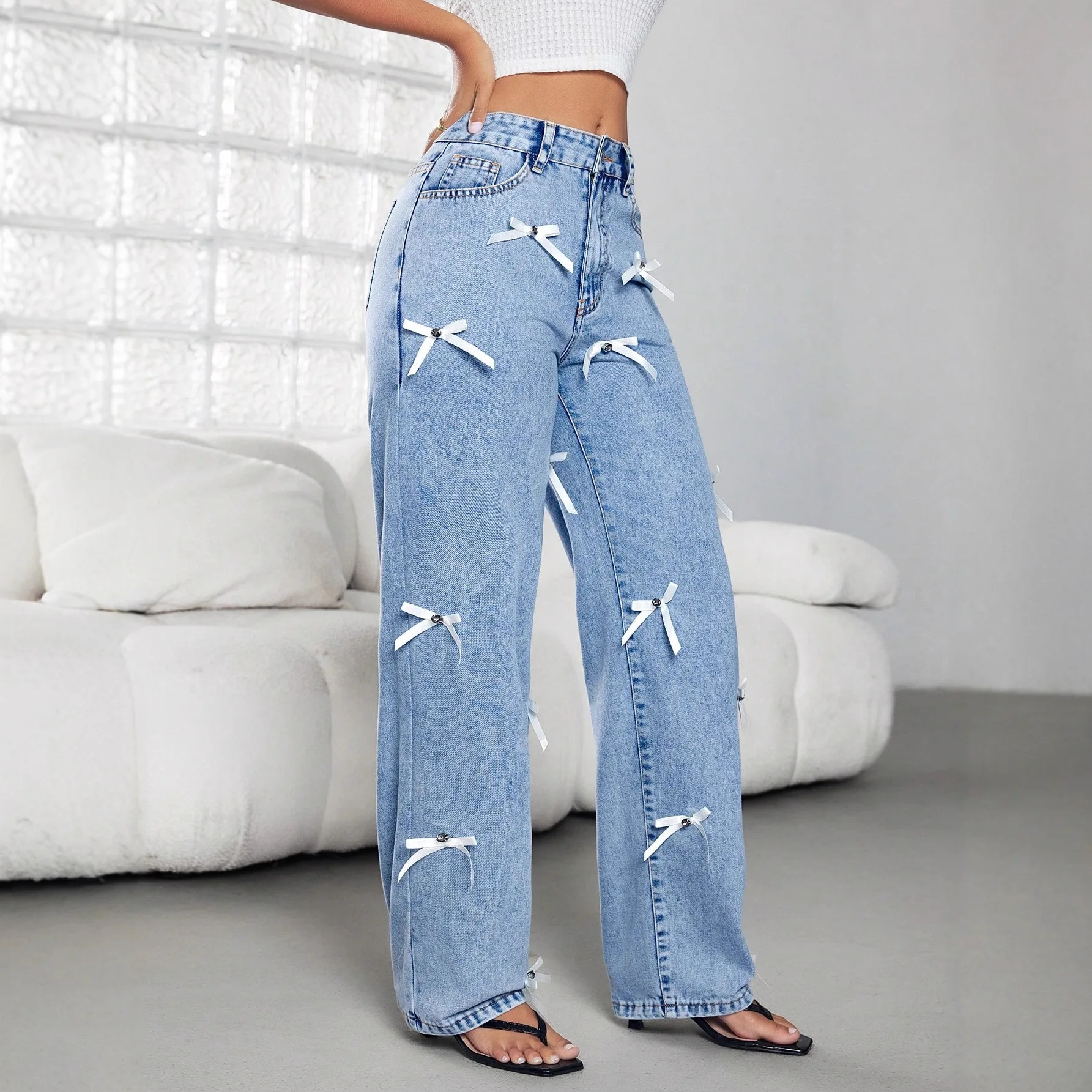 Jeans Straight Wide Leg Pants Women Bow Floor Length Mid Waist Distressed Washed Female Vintage Denims Trousers Streetwear