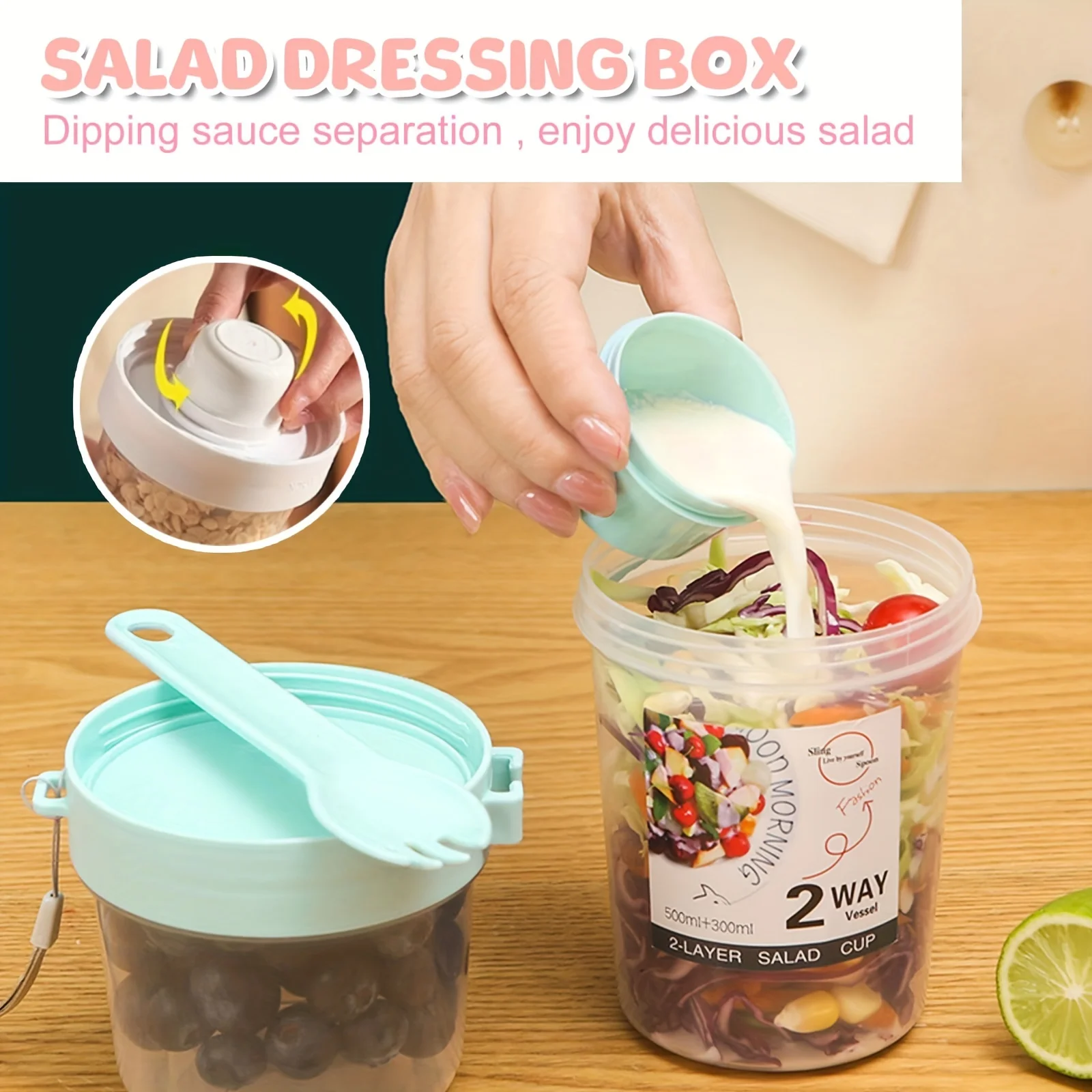 Double Layer Salad Cup with Spoon Leak proof Double Layer Salad Powder Shaker - Portable Fruit and Vegetable Container Portable