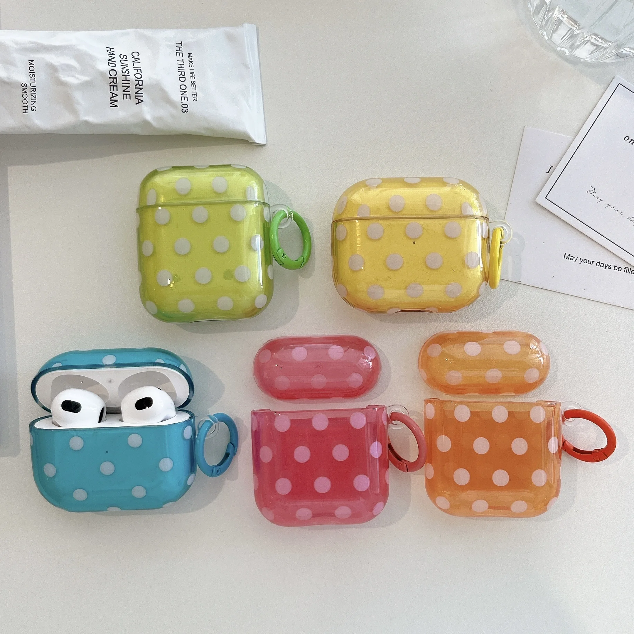 Solid Colors Dots Transparent Earphone Case with Ring for Airpods Pro, Pro2, Pro3, 1, 2, 3, 4, Anti-fall Headphone Box Cover﻿﻿﻿