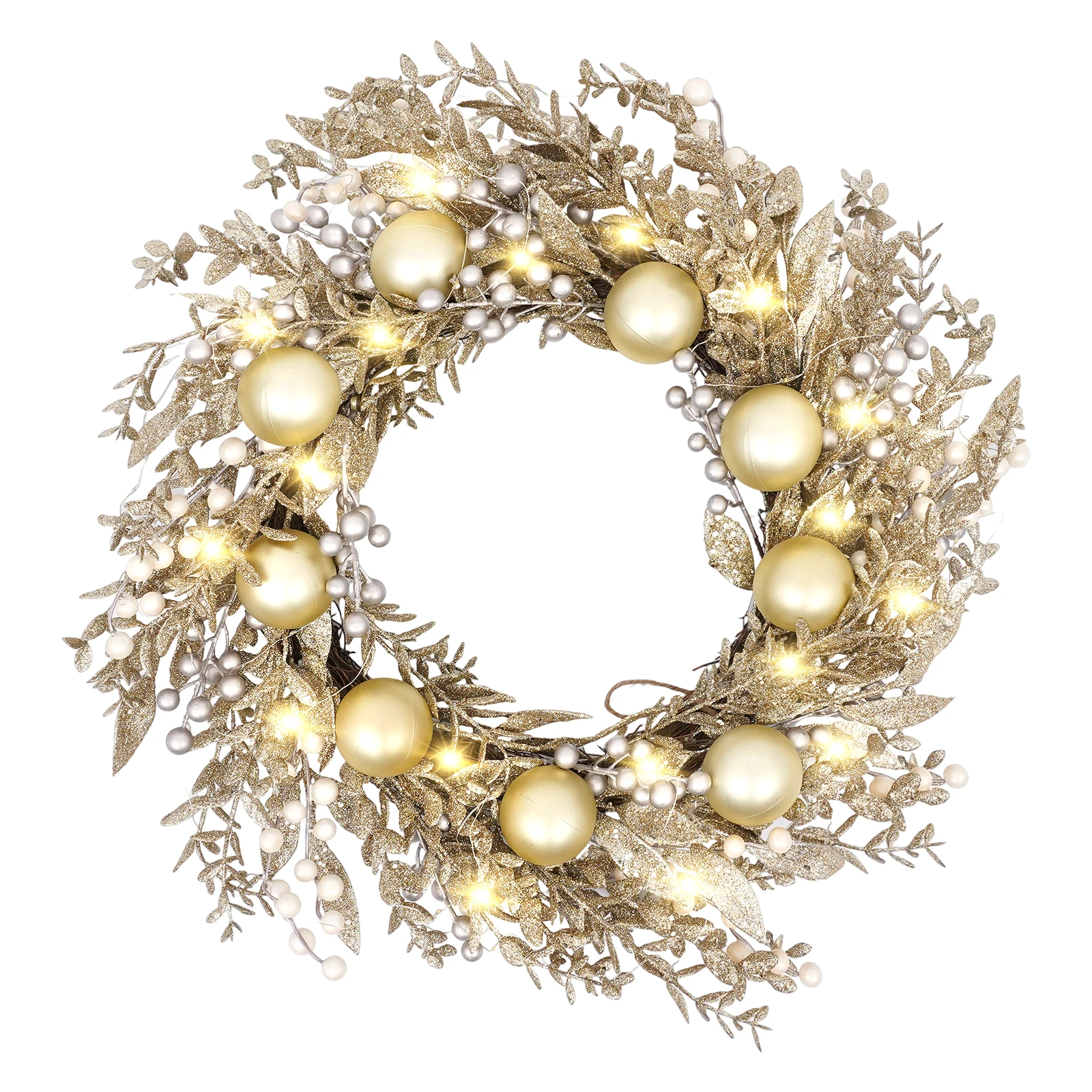 

24" Pre-lit Christmas Wreath, 50 LED Lights, Battery Operated, mixed shatterproof ball and berry decorated, Holiday decoration f