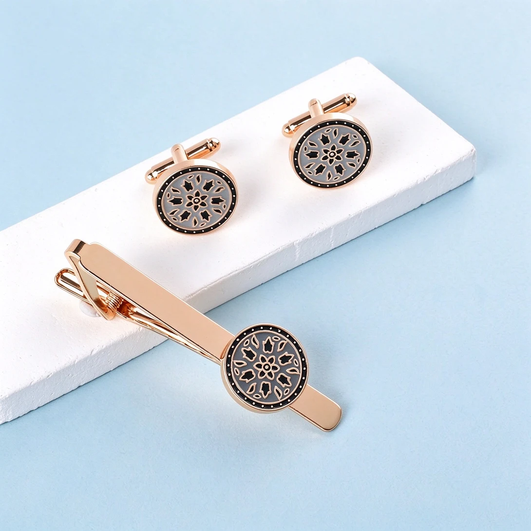 Tie Bar Set Gift - Metal Round Vintage Floral Mandala Cufflinks