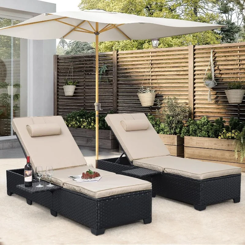 WAROOM Outdoor PE Wicker Chaise Lounge Chairs Set of 2 Patio Black Rattan Reclining Chair Adjustable Backrest Pool Sunbathing