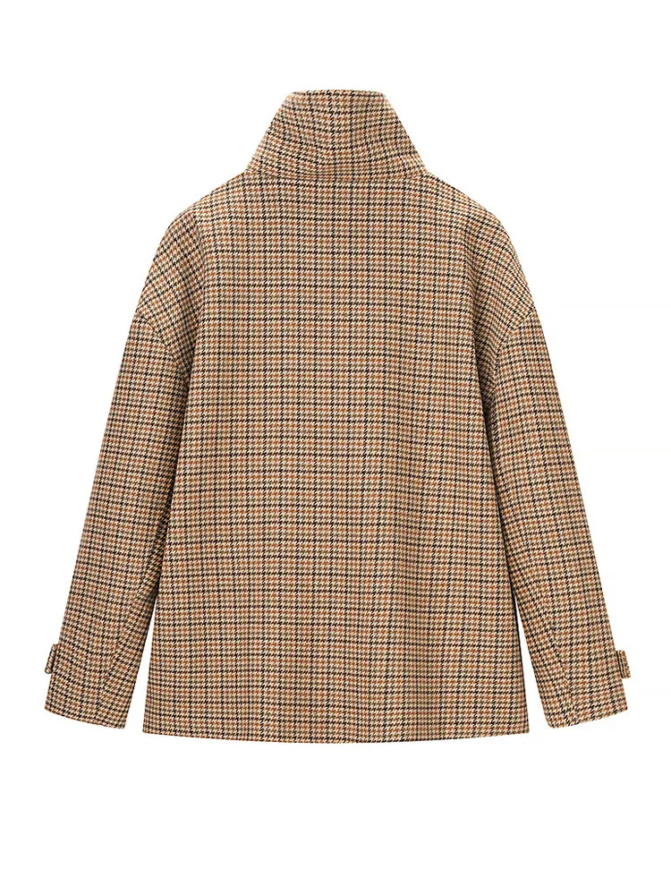 

HH Women Fashion 2025 Vintage Trendy Houndstooth Short Jacket Female Loose Casual Street Style Stand Collar Long Sleeve Outwear