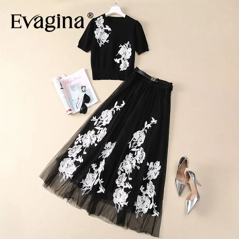 Evagina Summer Women's Suit Short-Sleeved Wool Knitted Fabric Tops+Pleated Skirt Embroidery Design Two Piece Set