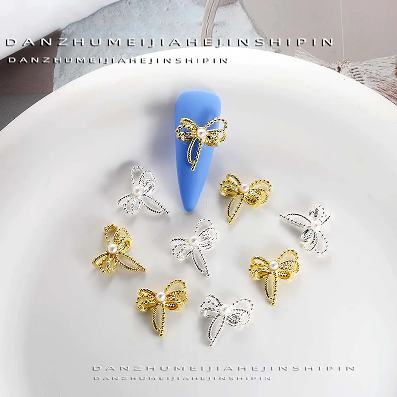 10Pcs Hollow Bowknot Nail Decor DIY Art Accessory Rhinestone Metal Gold Silver Nail Charms 3D Alloy Bow Tie Biżuteria Manicure