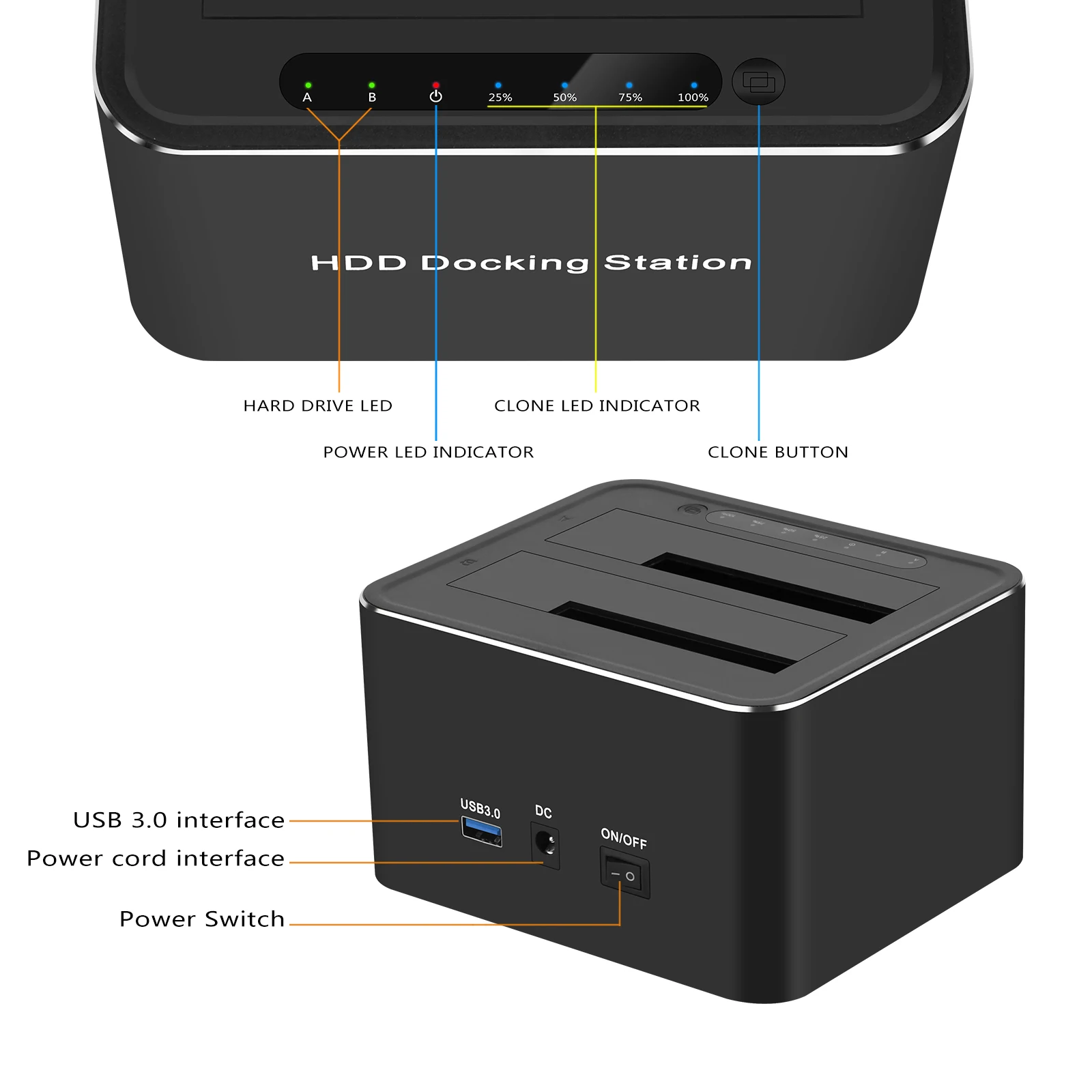 Caja de disco duro móvil externo con chasis Dual de 2,5/3,5 pulgadas, base de disco duro USB 3,0 a SATA Dual, base de disco duro de clonación sin conexión