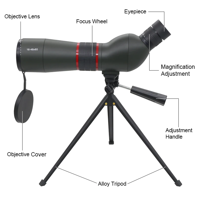 16-48x65 Zoom Spotting Scope Optical Telescope Monocular BAK4 FMC Waterproof Phone Clip Tripod Bird Watching Photography Outdoor