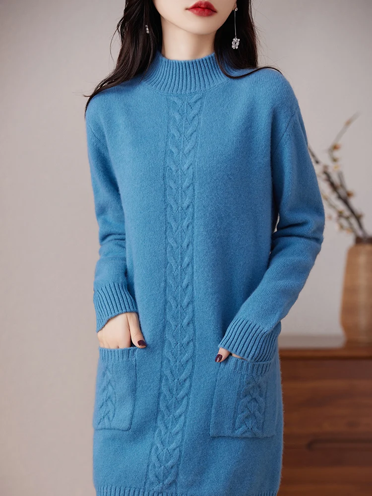 Light Luxury 100% Merino Wool Autumn Winter Women Long Sleeve Mock-neck Dress Soft Casual Cashmere Knitted Women Sweater Dress