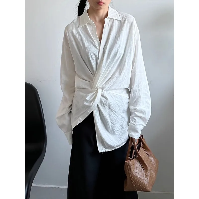 

SuperAen Korean Style Fashion Loose Casual Drape Pullover Tops Women Asymmetrical White Design Folds Tshirts