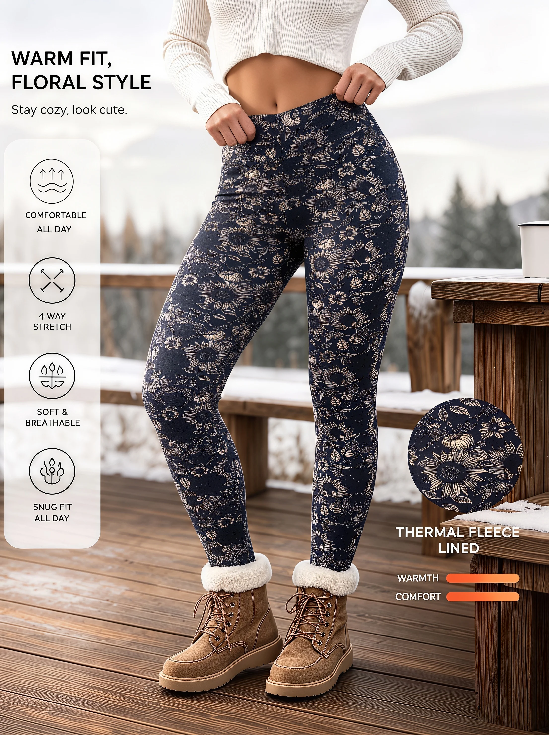 1er-Pack Damen-Leggings mit Sonnenblumen-Print in Marineblau, Fleece-gefüttert, hohe Taille, hochelastisch, hautfreundlich, Retro-Blumenmuster, warme Hose – Detail 3