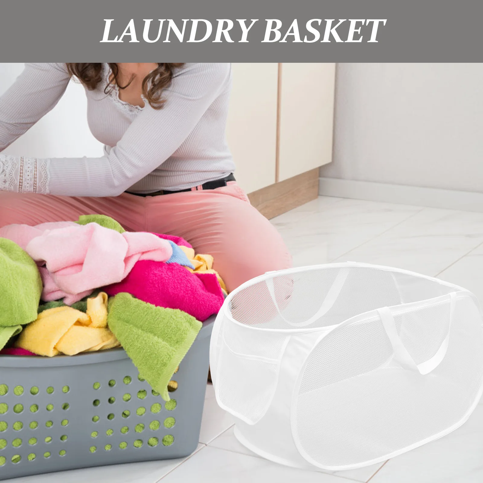 

Portable Foldable Laundry Basket Hamper White Storage Bins Large Net Laundry Bag Capacity Sturdy Nylon Wire Home Use