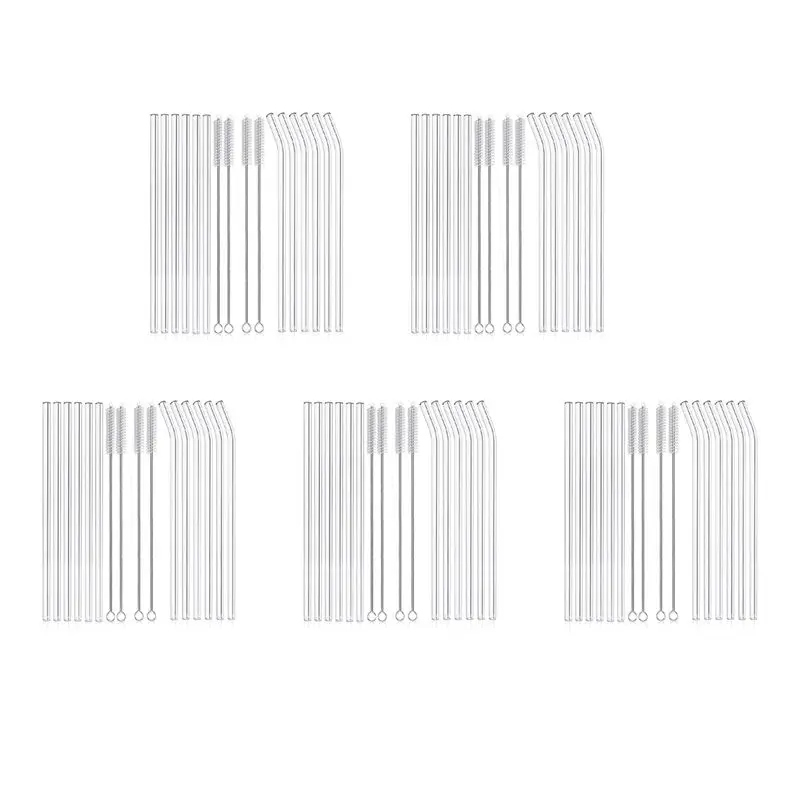 ABJI-60PCS Reusable Clear Glass Straws Shatter Resistant Glass Drinking Straw 30 Straight & 30 Bent With 20 Cleaning Brushes