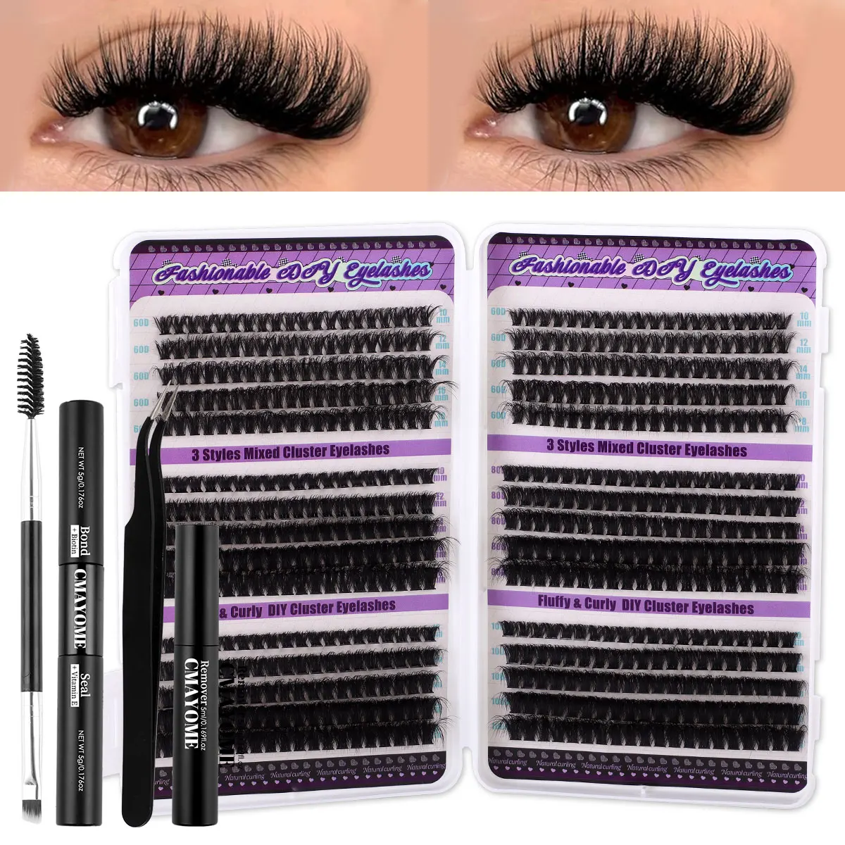 

600PCS Fluffy Volume False Eyelashes Bond and Seal Lash Remover Kit Individual Cluster 60D 80D 100D Natural Eyelash Extensions