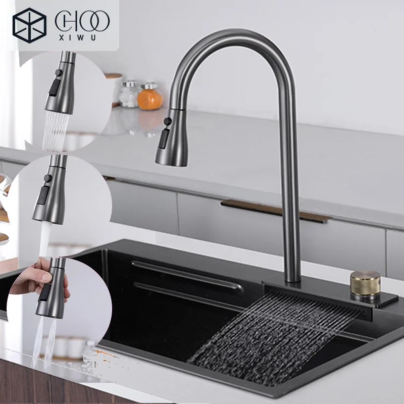 

Popular Waterfall Faucet 304 Stainless Steel Hot And Cold Rainfall Kitchen Sink Water Taps Pull Out Spray Kitchen Sink Faucet