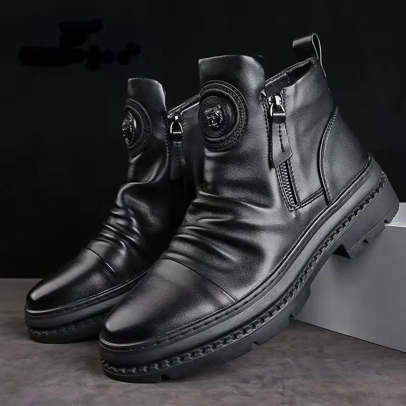 Fashion Classic Men Leather Boots Luxury Brand Non Slip Wear-resistant Casual Sneakers Male High Top Ankle Boots Motorcycle Boot