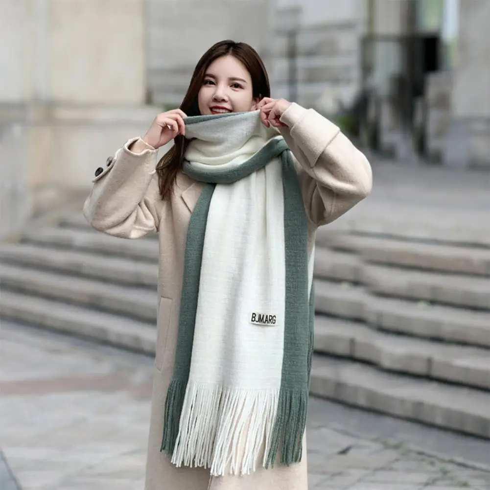 Thickened Warm Scarf Women Color Block Scarf Cozy Winter Scarf with Tassel Decor Windproof Patchwork for Women for Outdoor