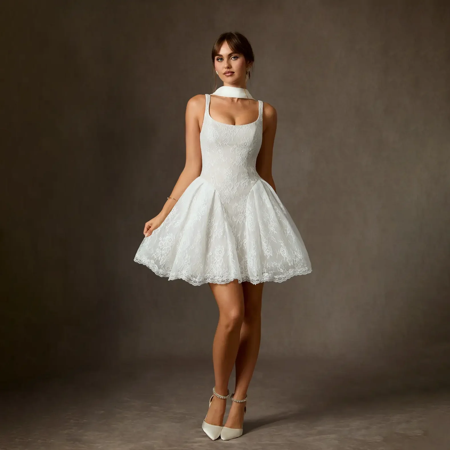 Customized Charming Mini A-Line Short Wedding Dress Sleeveless Lace Gown with Square Collar Ruffle Details Fit Bridal Dress