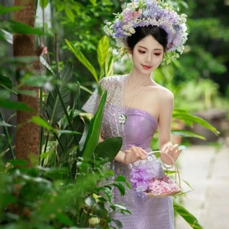 Thailand Vintage Traditional Festival Clothing Dance Dress Set Thai Women Festival Sexy Vacation Purple Photography Dress view 3