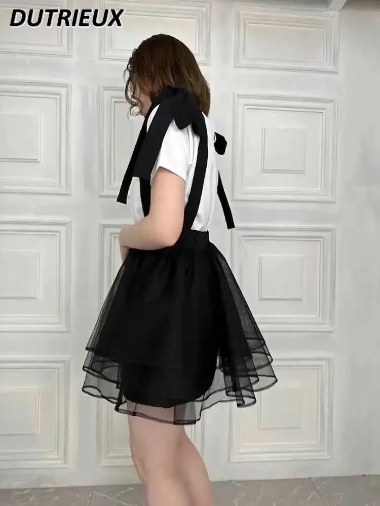 Ensemble haut blanc polyvalent à manches courtes et jupe à bretelles pour filles, T-Shirt à col ras du cou japonais, doux et mignon, nouvelle collection été