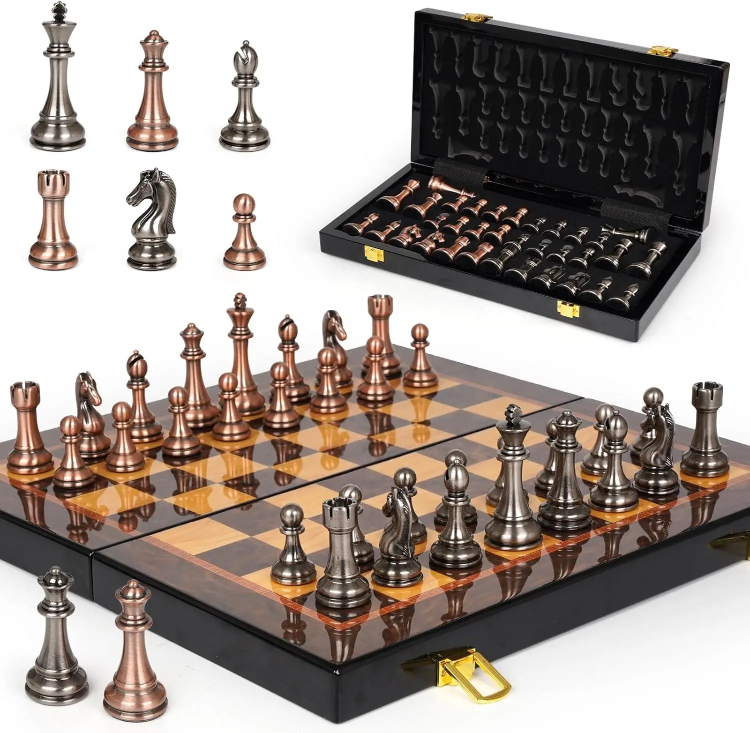

Metal Chess Set with 15 Inch Wooden Board, Weighted Pieces, 2 Extra Queens, Tournament Style