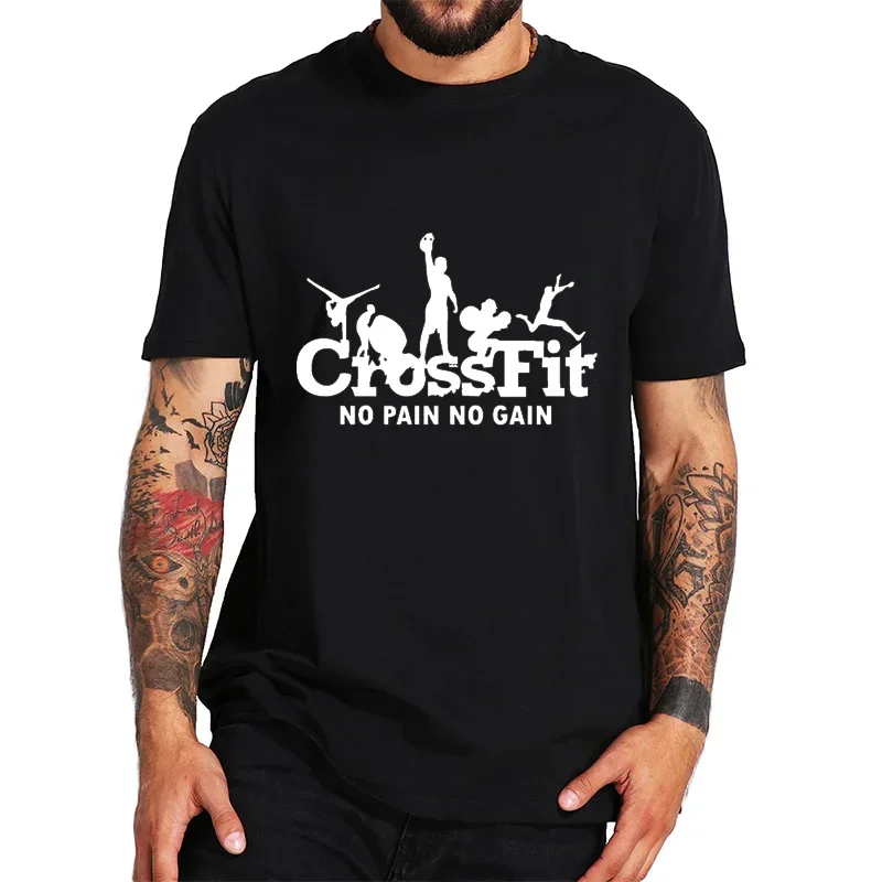 Crossfit T-Shirt dla mężczyzn No Pain No Gain Funny Design Black Tshirt Workout Inspirujące koszulki męskie z krótkim rękawem Letnie koszulki