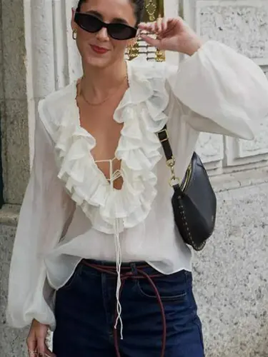 Imagen 1 del producto Blusas elegantes con volantes escalonados para mujer, camisa holgada de manga larga con cuello en V para mujer, Top liso con cordones para mujer salvaje 2025