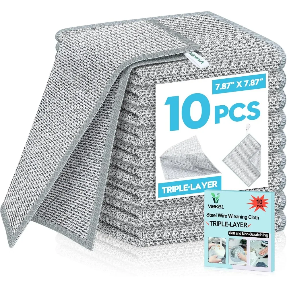 

10 Pcs New Upgraded 3 Layers Non Scratch Wire Dishcloth, Multipurpose Wire Dishwashing Rags, Wet & Dry for Cookware, Sinks, Dish