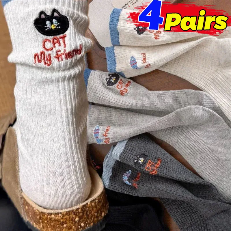 

2025 милые женские носки с изображением кота и рыбы, хлопковые дышащие мягкие термотеплые носки средней длины, осенне-зимние удобные чулки-тапочки
