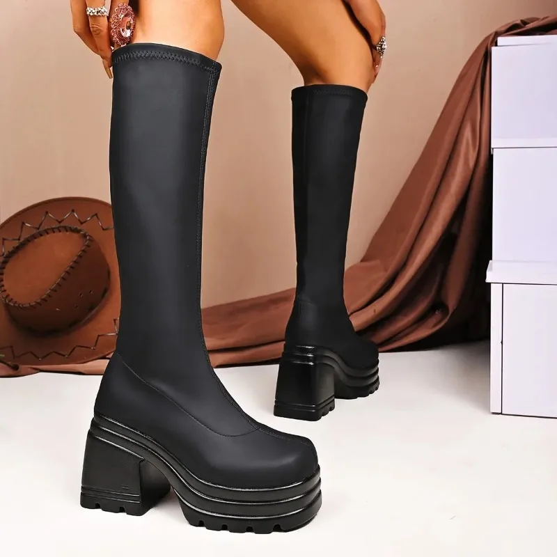

Large Size Square Toe Women's Boots Thick Bottom British Style Long Tube Autumn Winter High Heel Knight Boots Adult Pure Color