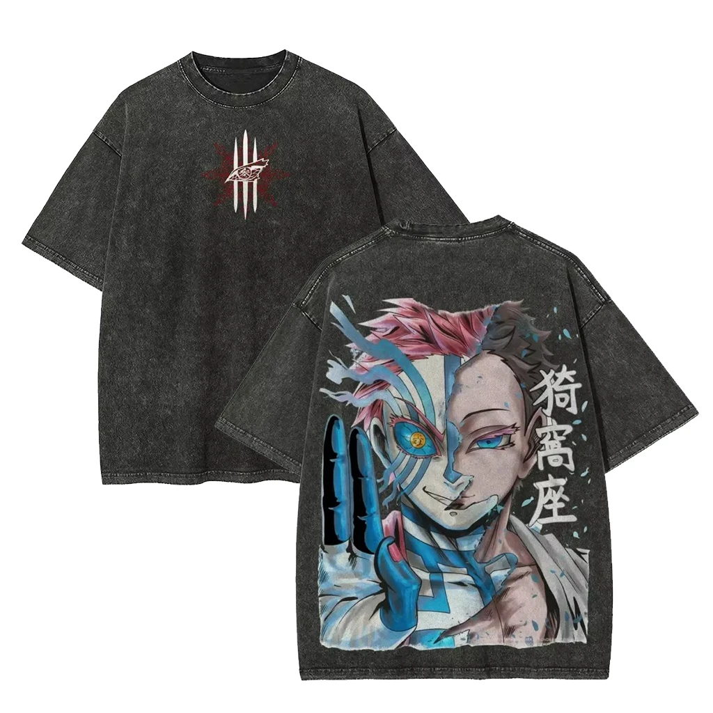 Demon Slayer Iwakiza 애니메이션 그래픽 T 셔츠 남성 여성 코튼 반팔 티셔츠 빈티지 워시 스트리트웨어 오버 사이즈 캐주얼 탑 Y2k
