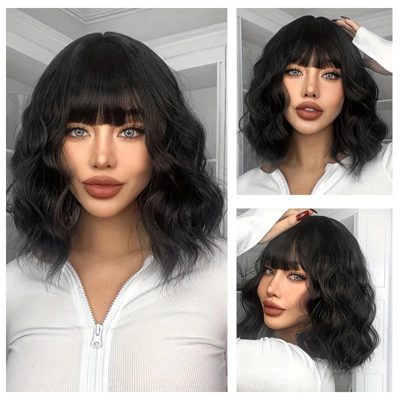 

Water wavy Short Bob Colorful Wigs with Air Bangs Shoulder Length Wig for Women Curly Wavy Synthetic Cosplay Wig for Girl