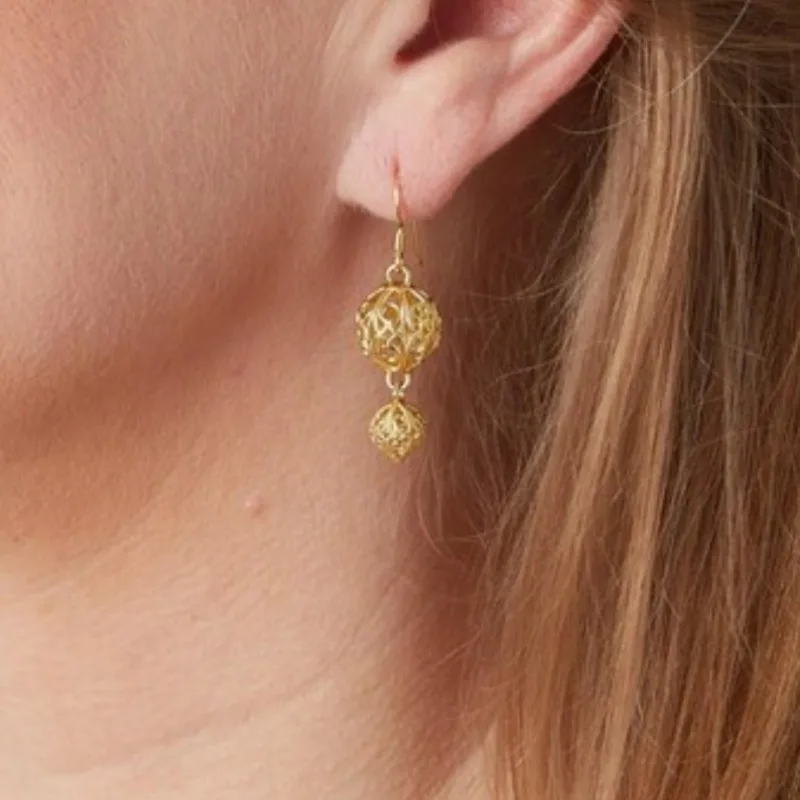 Artistic Retro Hand-carved Golden Ball Pendant Earrings, Elegant Earrings and Accessories for Ladies, Exquisite Festival Gifts
