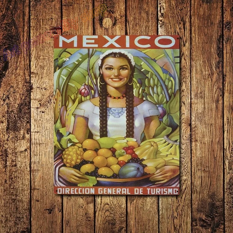 Vintage Mexico Lady with Fruit Tin Sign Mexican Metal Metal Wall Plate for Man Cave Home Bar Garage Restaurant 8x12 Inch