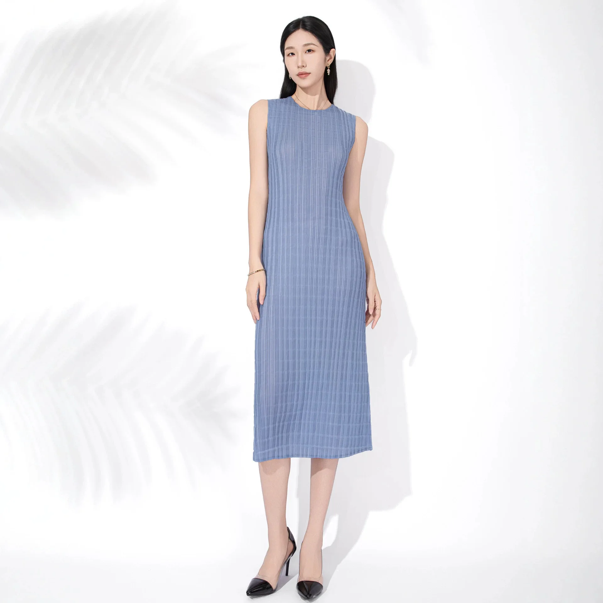 

Miyake Pleated Women Dress Summer Sleeveless Long Classic Korean Fashion Casual Elegant Female Lce Water Blue Beach Dress