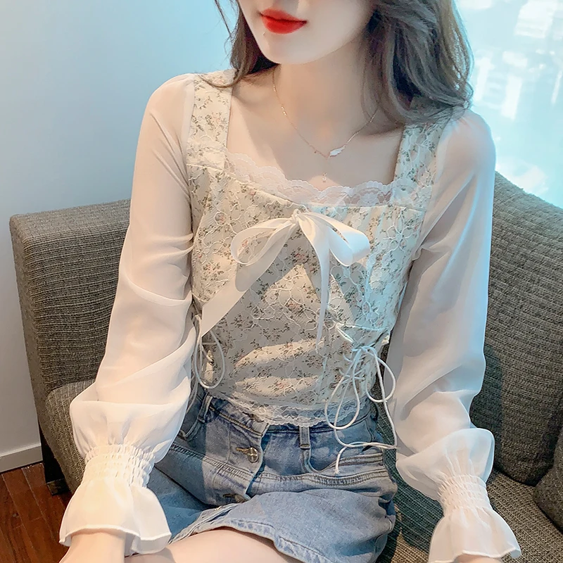 Women Blouse Lace-up Bow Square Collar Trendy Sweet Casual Cropped Slim Fit Korean Fashion Charming Elegant Prevalent Spring