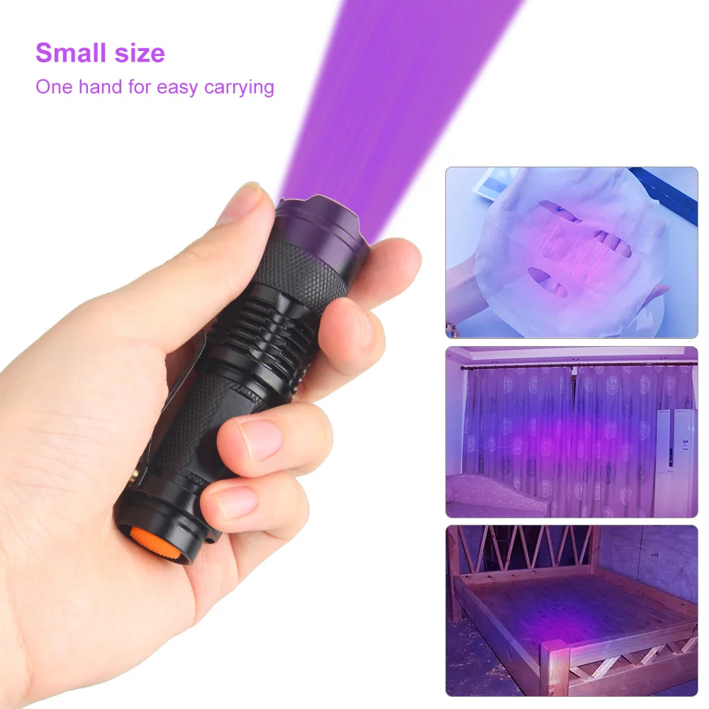 Mini lampe de poche UV zoomable avec chargement USB, torche violette, lampe ultraviolette, détecteur de scorpion d'urine animale, 3 modes, 365nm, 395nm