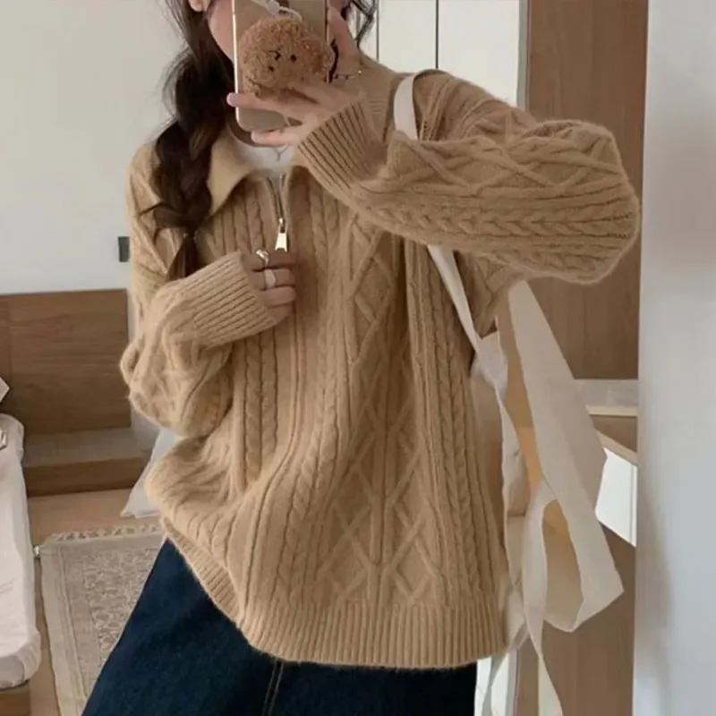 Knitted Cardigan Solid Loose Turn Down Collar Zipper Knitwears 2023 New Autumn Korean Style Vintage Sweet Thicken Women Sweater