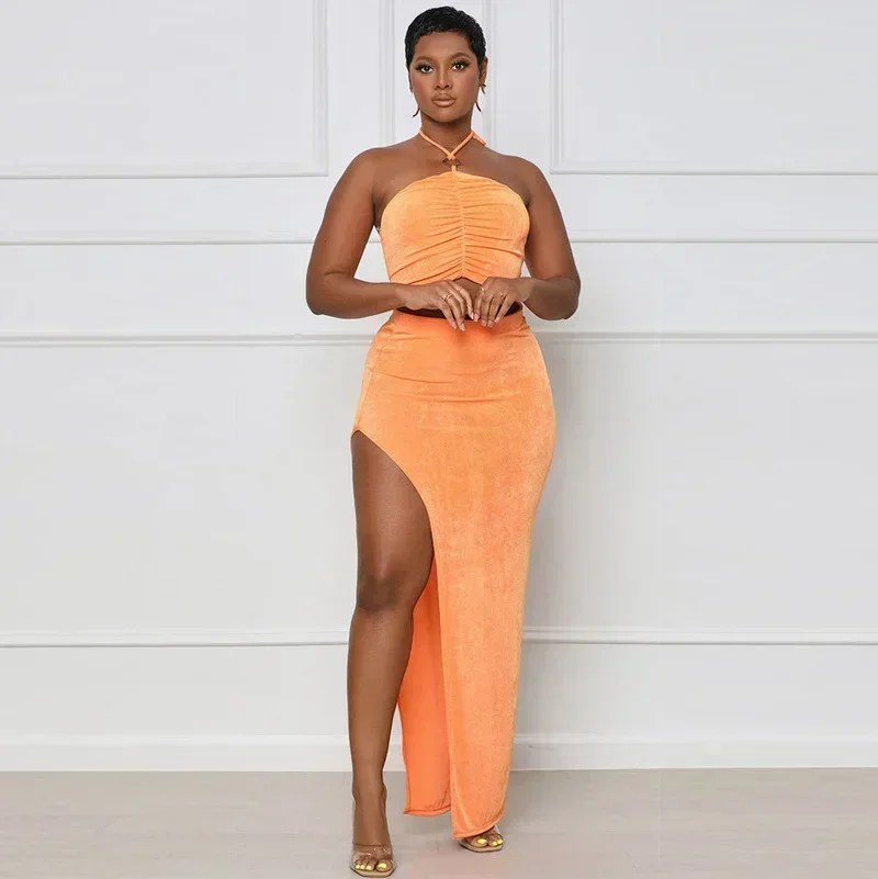 

GUWU High Side Split High Waist Maxi Midi Skirt and Hatler Ruched Crop Top Matching Set Elegant Women Two 2 Piece Outfit